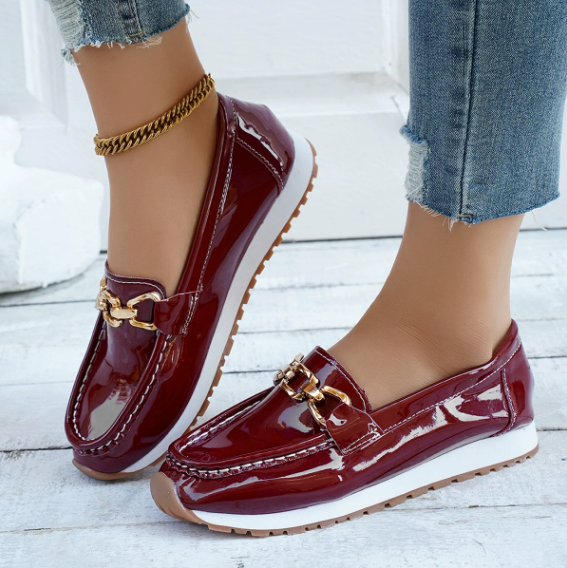 Women's Glossy Burgundy Loafers With Chain Detail