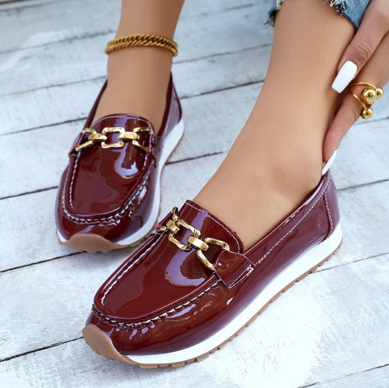 Women's Glossy Burgundy Loafers With Chain Detail