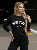 Női fekete melegítőfelső New York felirattal, kerek nyakkivágással