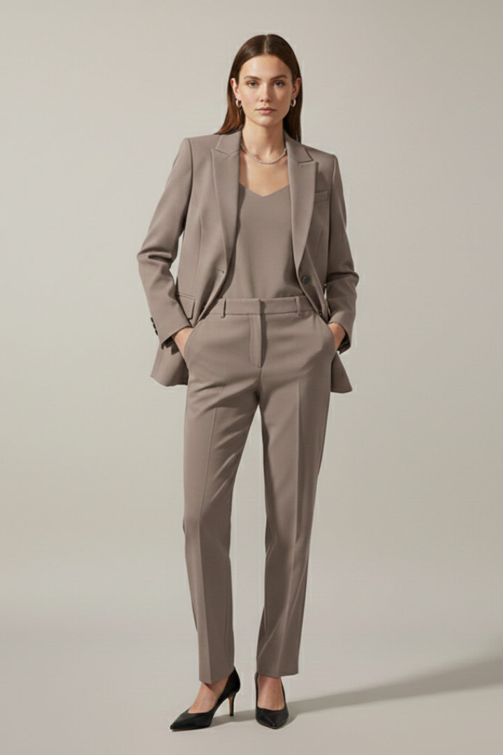 Conjunto de mulher com blazer de lapelas recortadas e calças de perna reta
