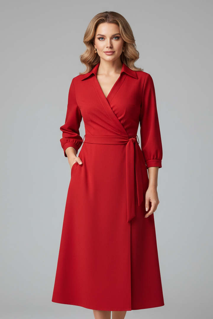 Damska Sukienka Midi z Dekoltem V i Długimi Rękawami - Błękitny