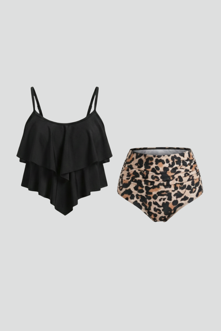 Damski Komplet Tankini z Falowanym Topem i Wysoką Talią - Czarny Leopard