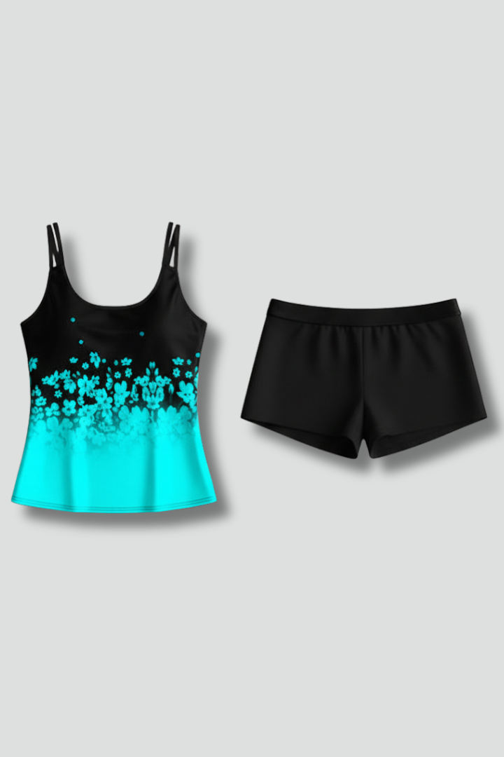 Damski Komplet Tankini z Dekoltem Łódka i Szortami - Niebieski