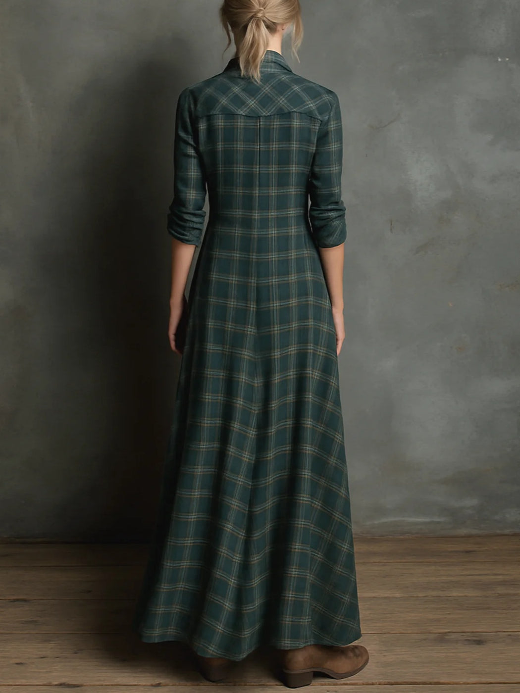 Women's Plaid Shirt Dress With Collar, Maxi