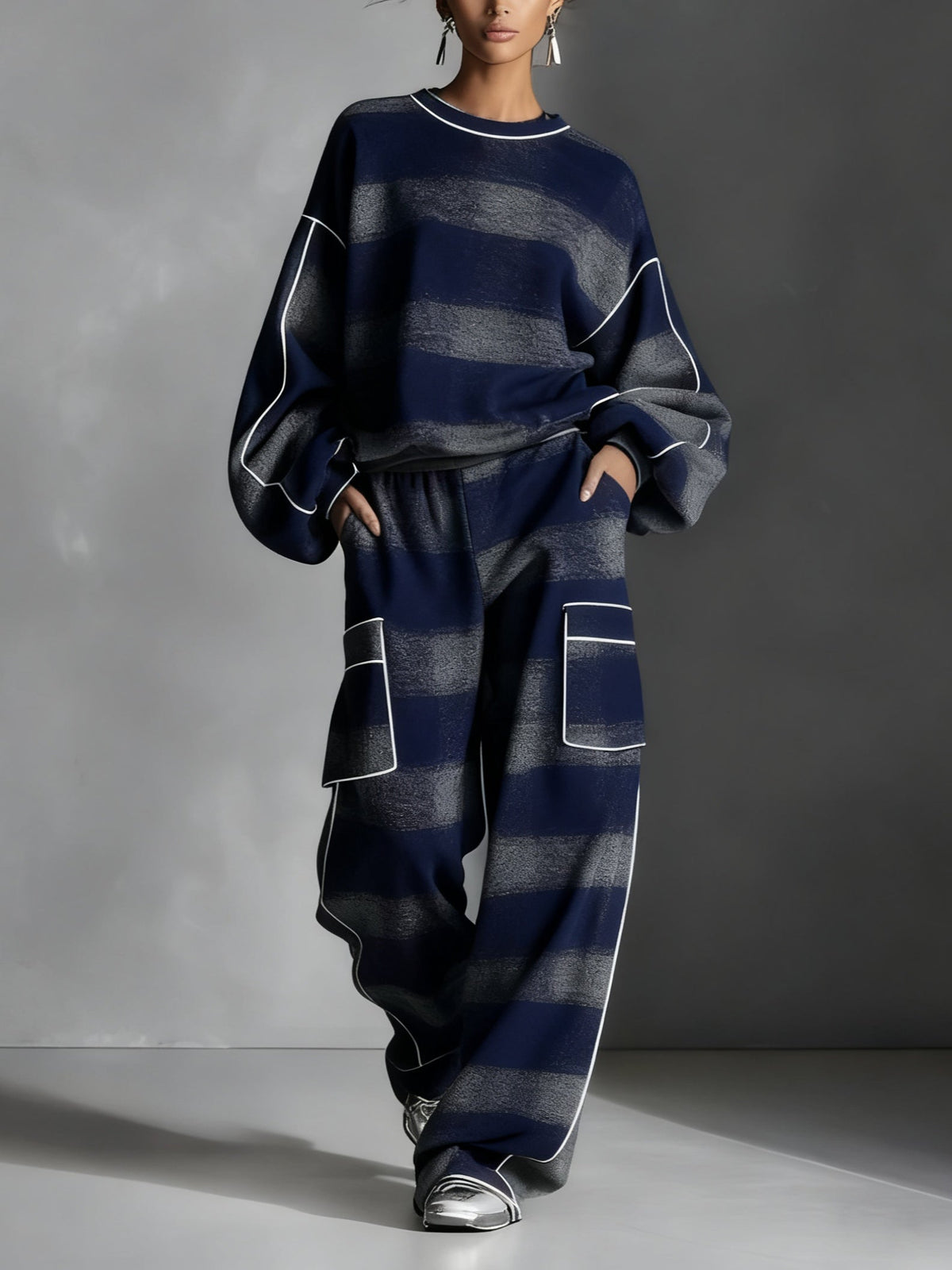 Dámská souprava mikina a kalhoty v pruzích, tmavě modro-šedá