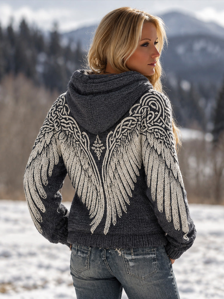 Women's Knit Hooded Sweater With Wings Design