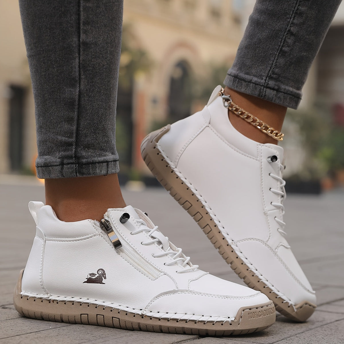 Damskie sneakersy za kostkę ze sznurowaniem, bocznym zamkiem i płaską podeszwą