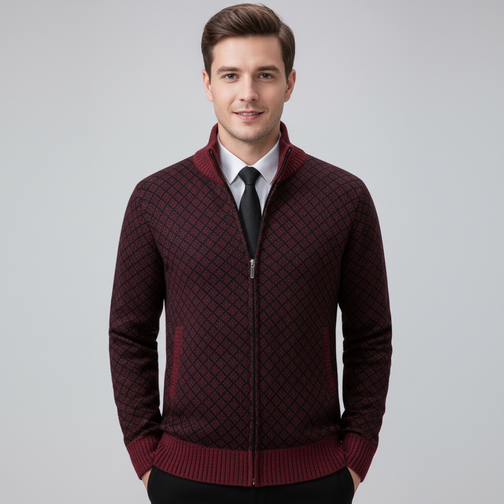 Męski sweter rozpinany ze stójką i geometrycznym wzorem rombów