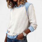 Women's Sweatshirt With Collar and Denim-Style Panels
