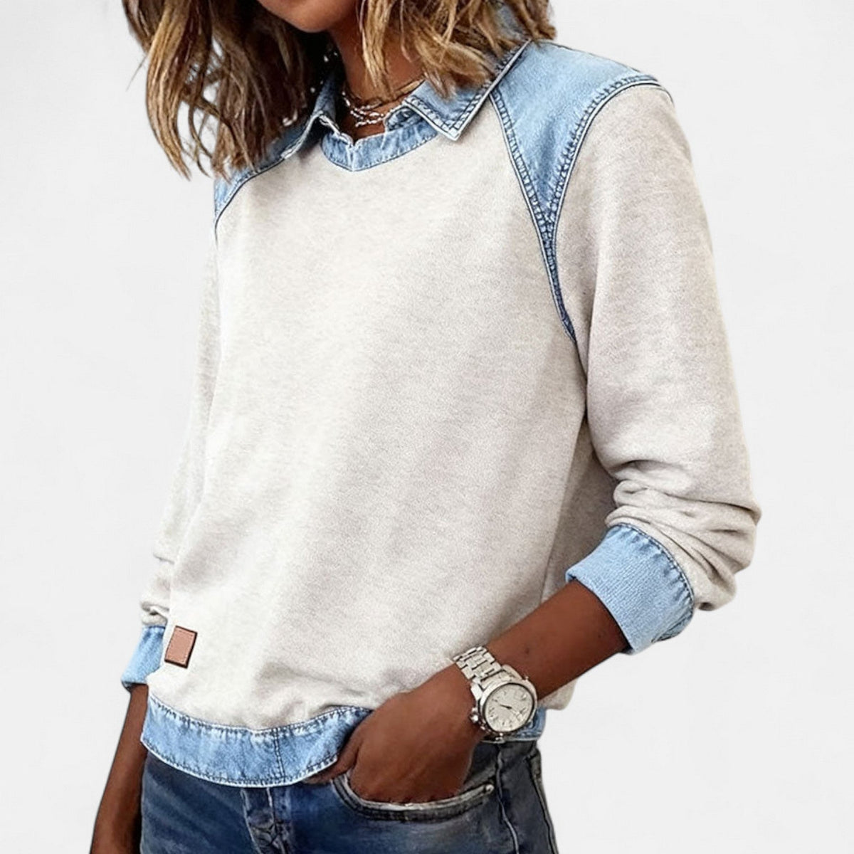 Women's Sweatshirt With Collar and Denim-Style Panels