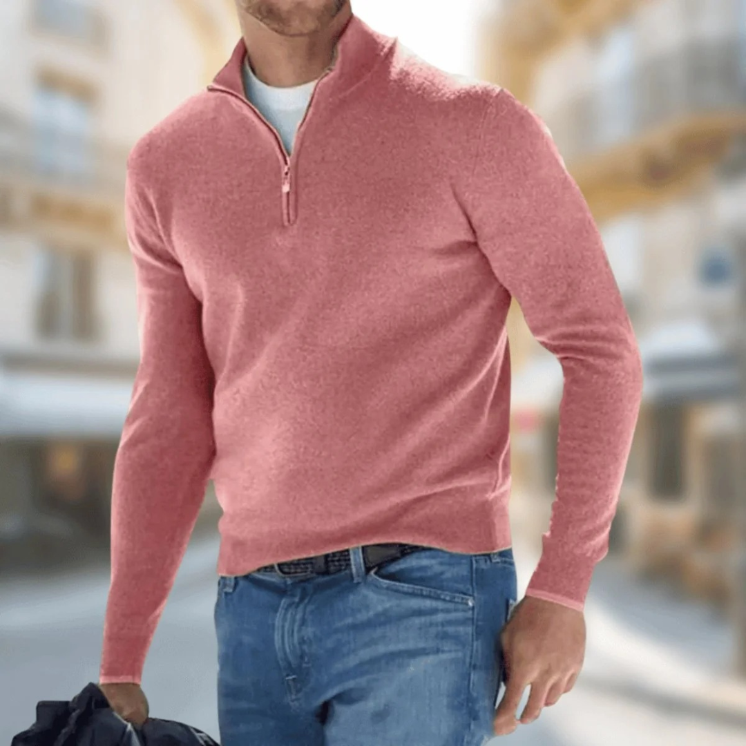Męski gładki sweter z kołnierzem stójką i zamkiem 1/4