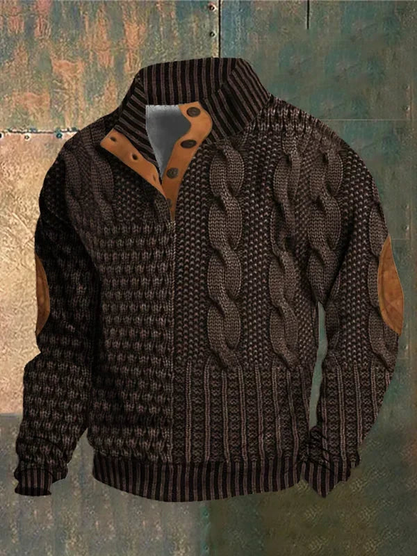 Męski sweter dzianinowy ze wzorem warkoczowym, stójką i guzikami