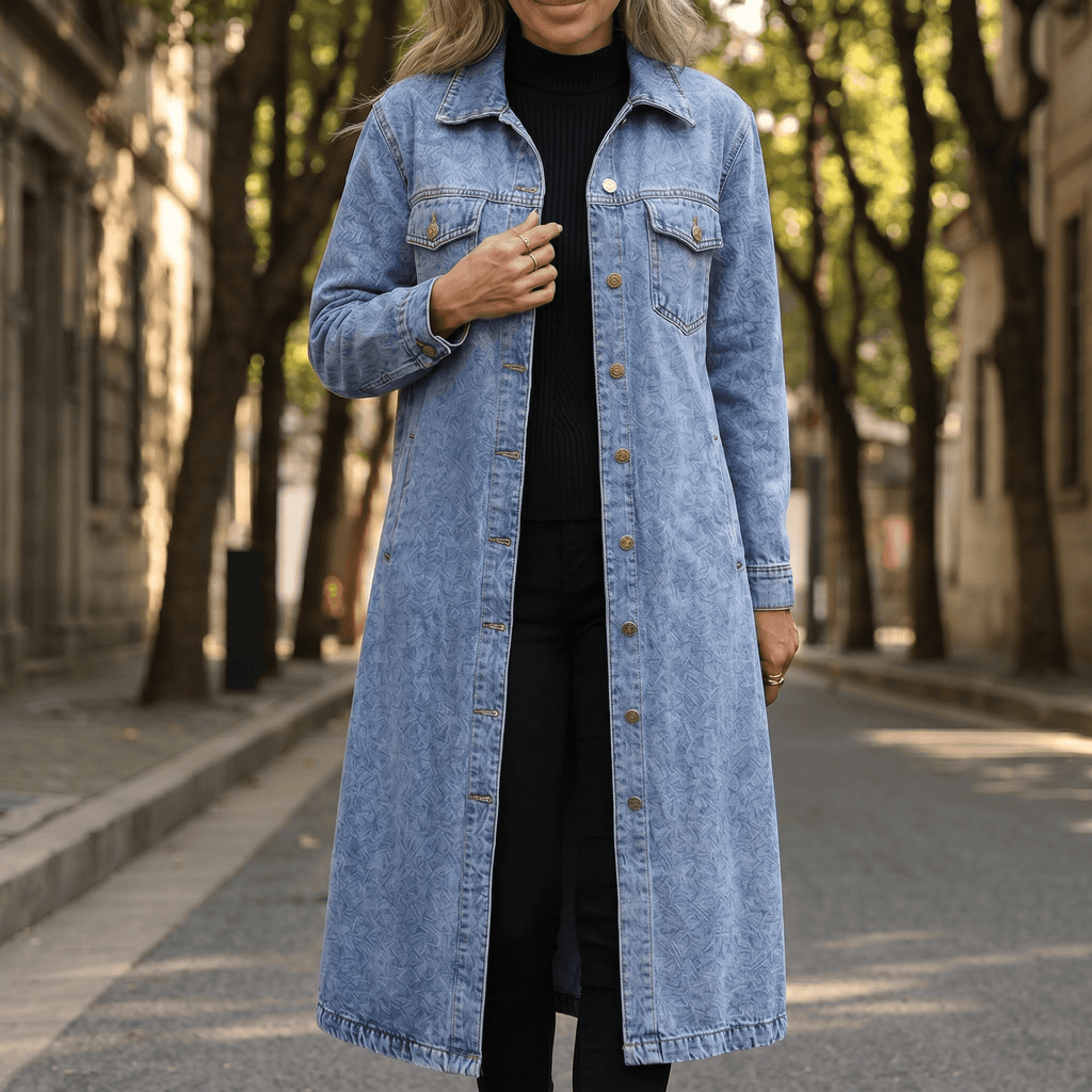 Női hosszú oversize farmerkabát zsebekkel