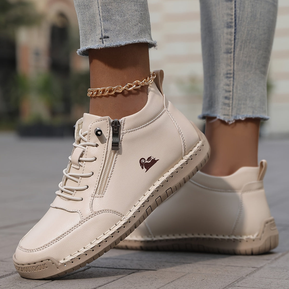 Damskie sneakersy za kostkę ze sznurowaniem, bocznym zamkiem i płaską podeszwą