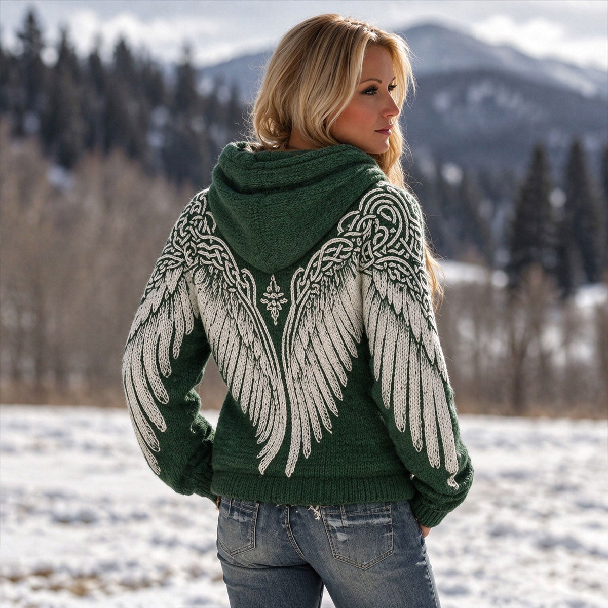 Women's Knit Hooded Sweater With Wings Design