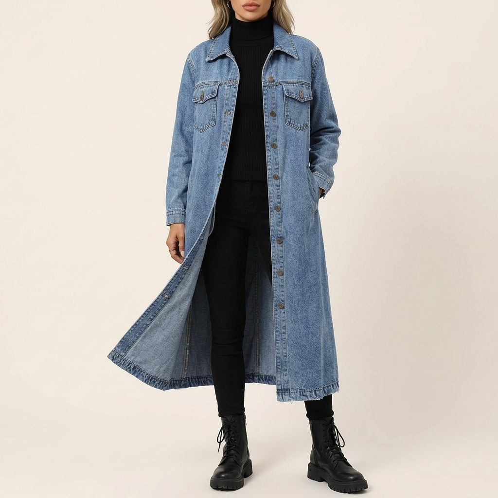 Női hosszú oversize farmerkabát zsebekkel