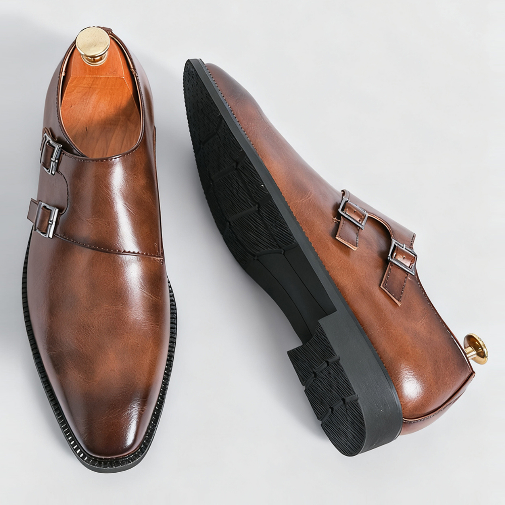 Męskie mokasyny monk strap z podwójną klamrą i migdałowym noskiem