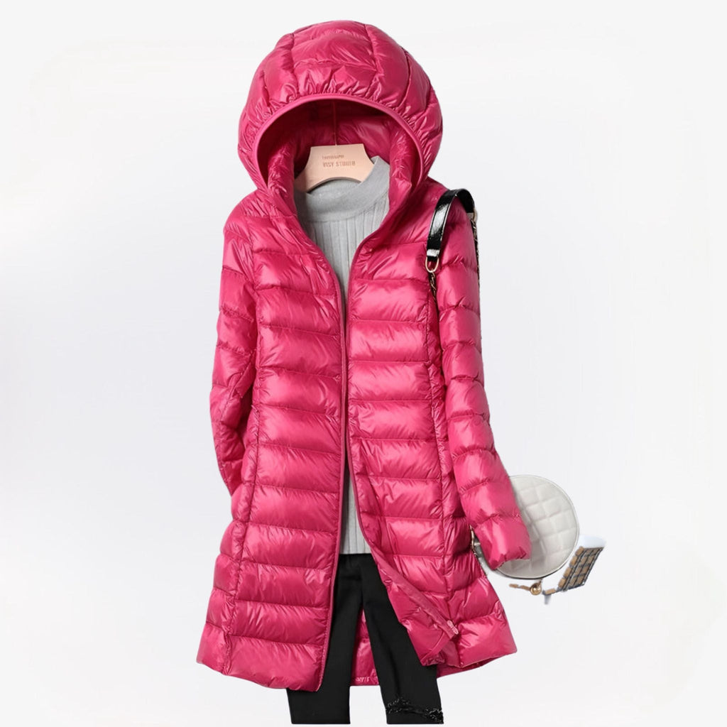Női steppelt hosszú dzseki kapucnival és cipzárral