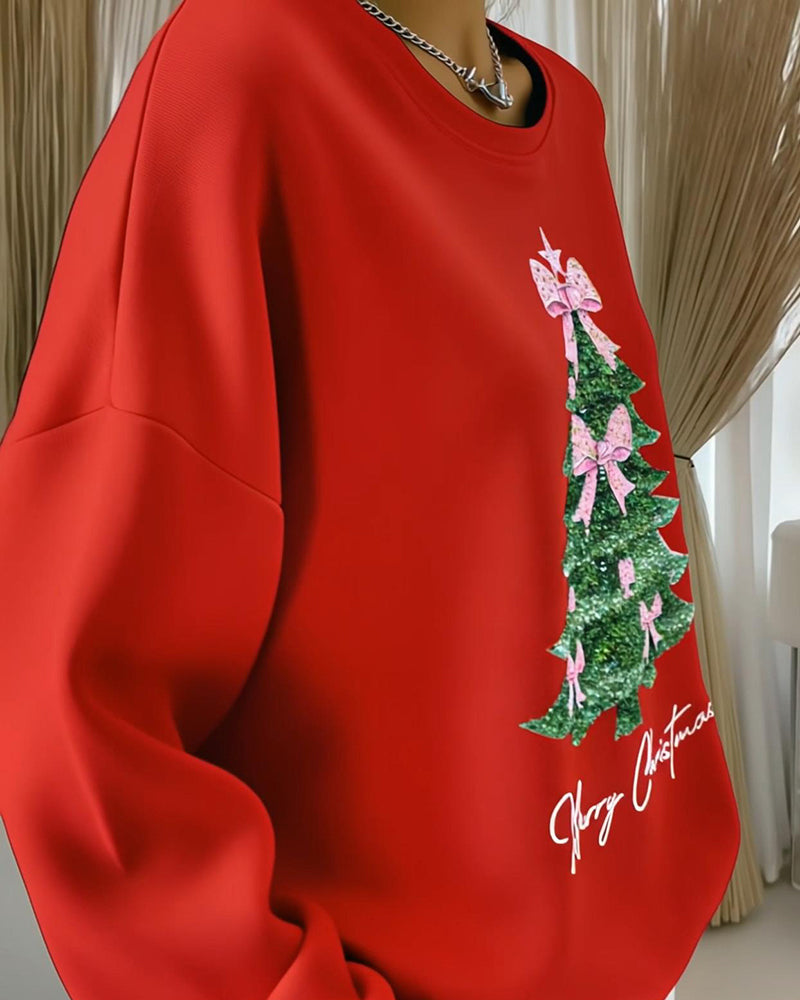 Női téli melegítőfelső karácsonyfa-motívummal, kerek nyakkivágással