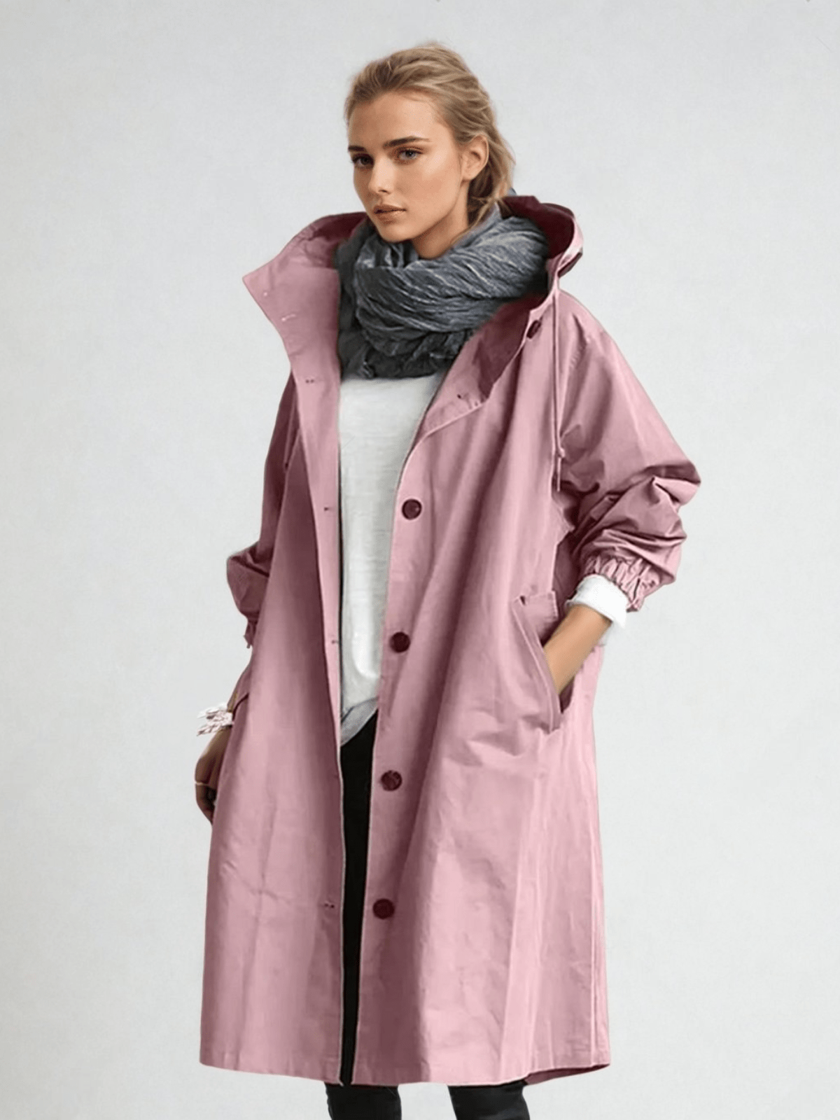 Damski płaszcz typu trench oversize z kapturem i kieszeniami