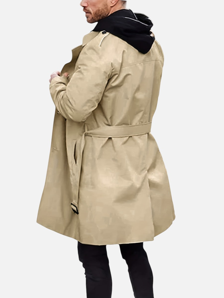 Męski trencz dwurzędowy z paskiem, szerokimi klapami i kieszeniami