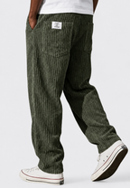 Męskie spodnie o luźnym kroju z pionową prążkowaną fakturą i kieszeniami