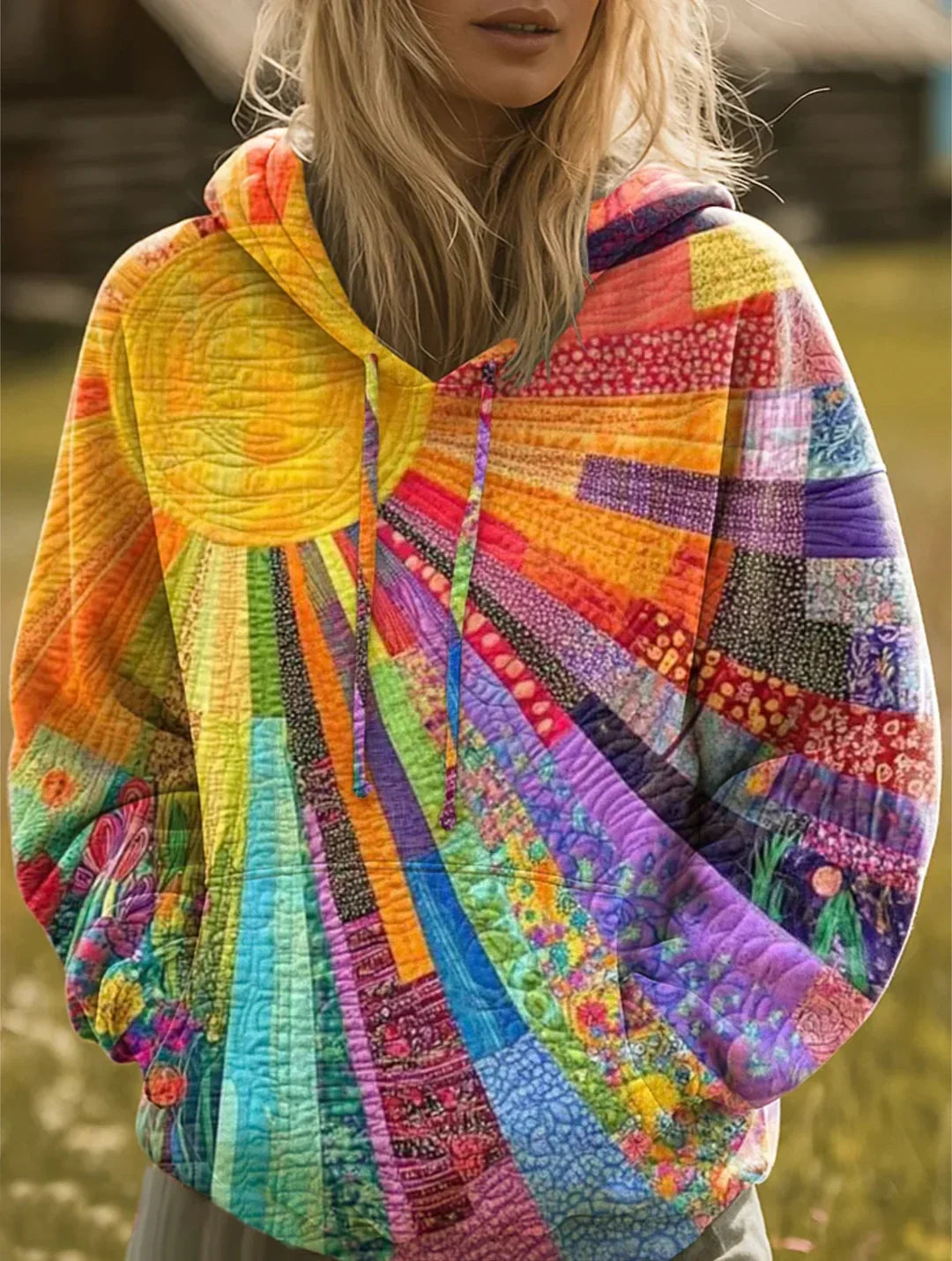 Wielokolorowa damska bluza z kapturem w pikowany wzór patchwork