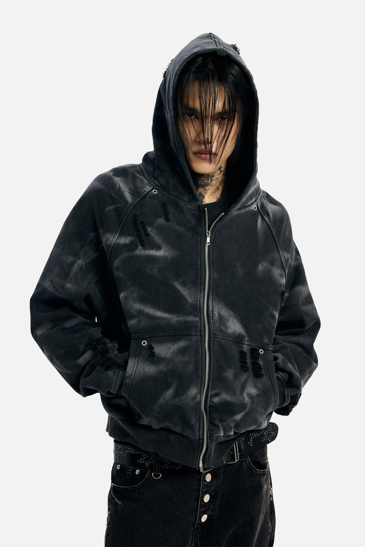 Unisex mikina s kapucí, zipem a ozdobnými cvoky