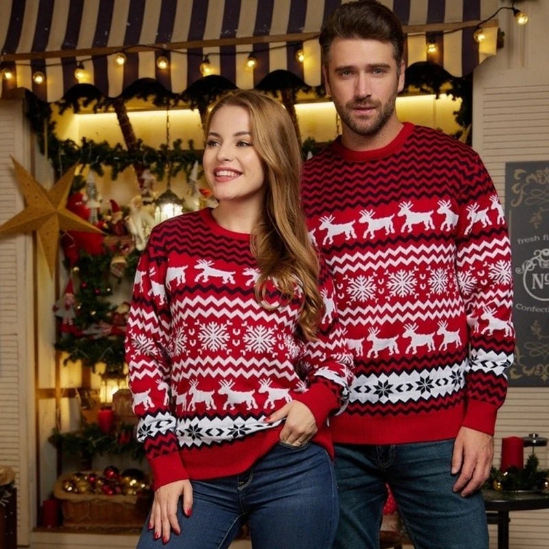 Świąteczny sweter unisex z reniferami, śnieżynkami i wzorem zygzaków