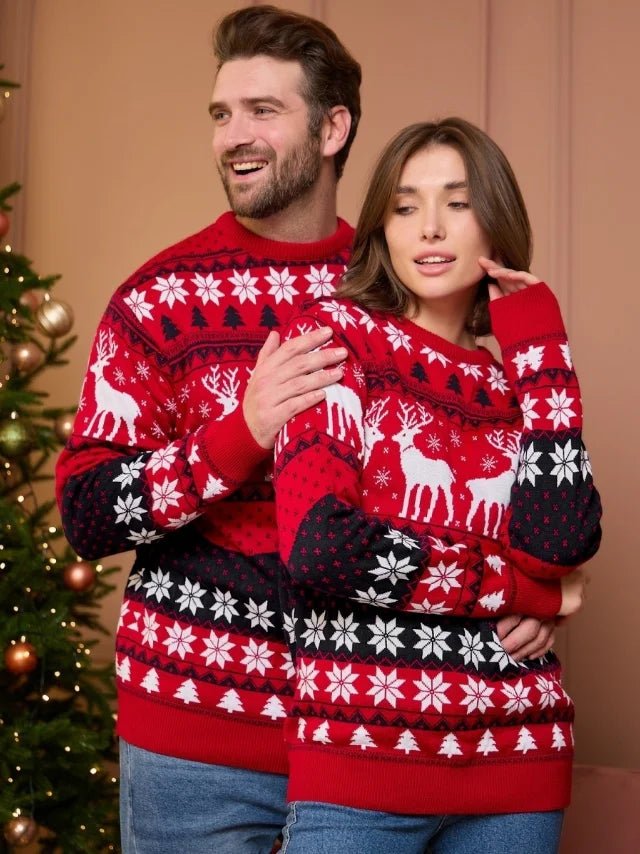 Świąteczny sweter unisex z reniferami, śnieżynkami i wzorem zygzaków