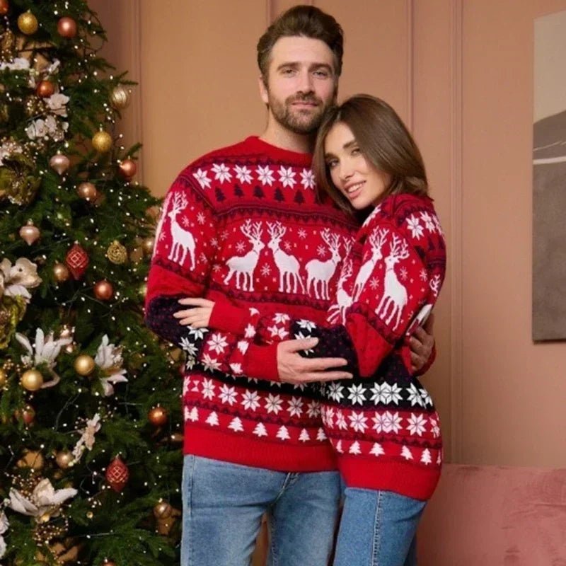 Świąteczny sweter unisex z reniferami, śnieżynkami i wzorem zygzaków