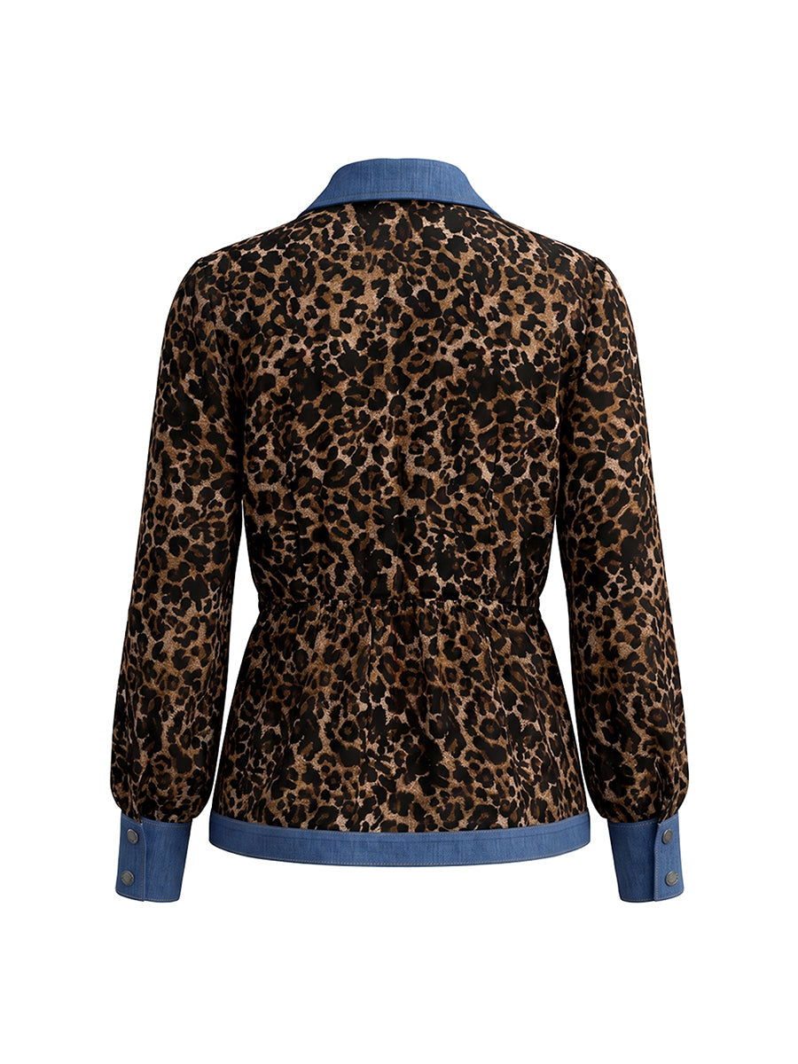 Női leopárdmintás blúz hosszú ujjal, gallérral és gombokkal