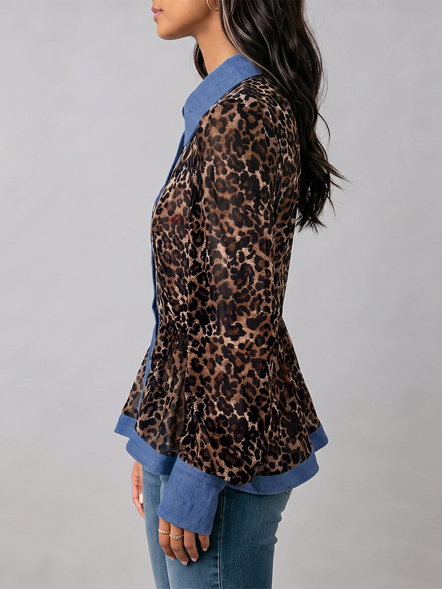 Dámská halenka s leopardím vzorem, dlouhý rukáv, límeček a knoflíky