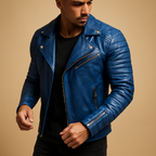 Men's Biker Jacket With Wide Lapels and Quilted Sleeves