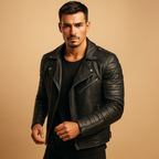 Men's Biker Jacket With Wide Lapels and Quilted Sleeves
