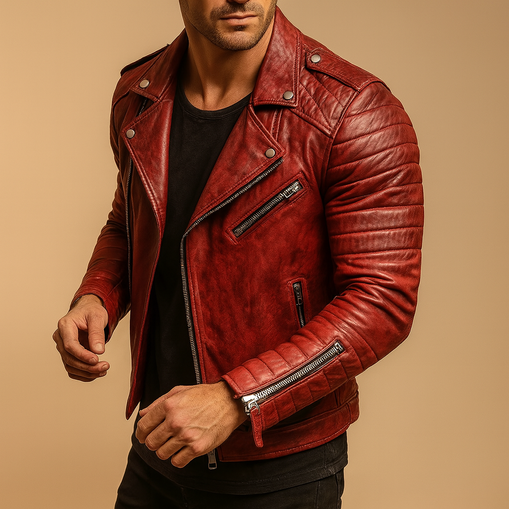 Men's Biker Jacket With Wide Lapels and Quilted Sleeves