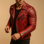 Men's Biker Jacket With Wide Lapels and Quilted Sleeves